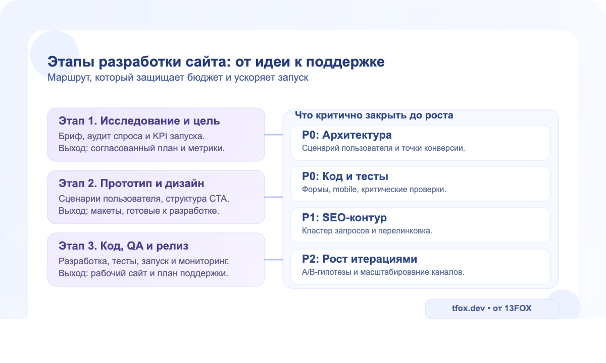 Этапы разработки сайта: от стратегии до поддержки с приоритетами P0, P1, P2