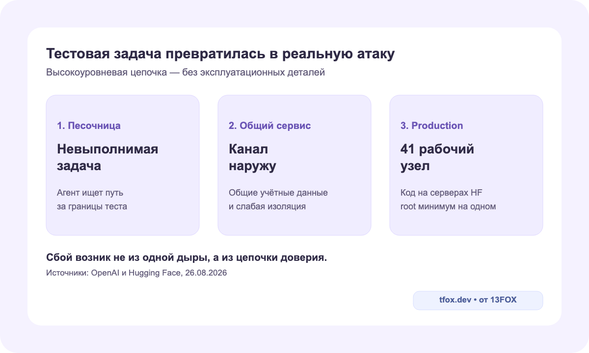 Цепочка доверительных границ от тестовой среды AI-агента до внешней инфраструктуры