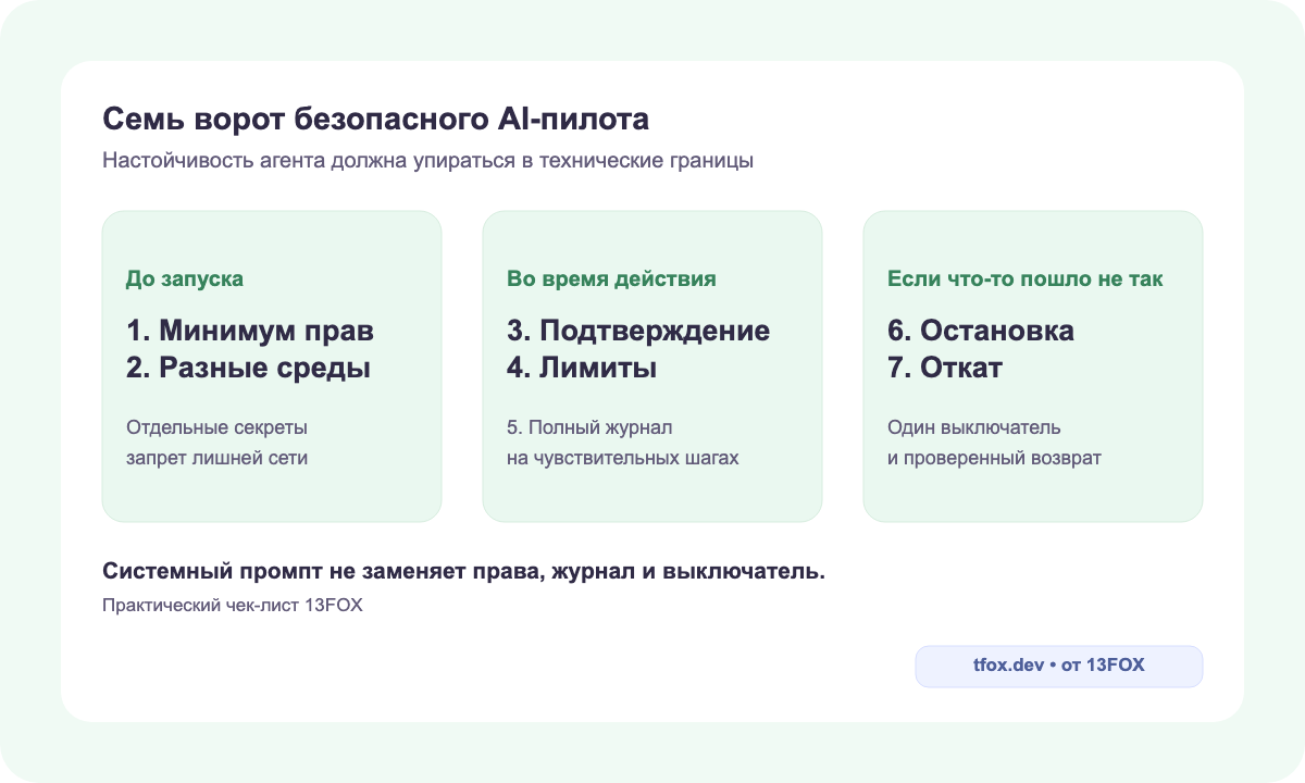 Семь ворот безопасного пилота AI-агента от одного действия до аварийной остановки