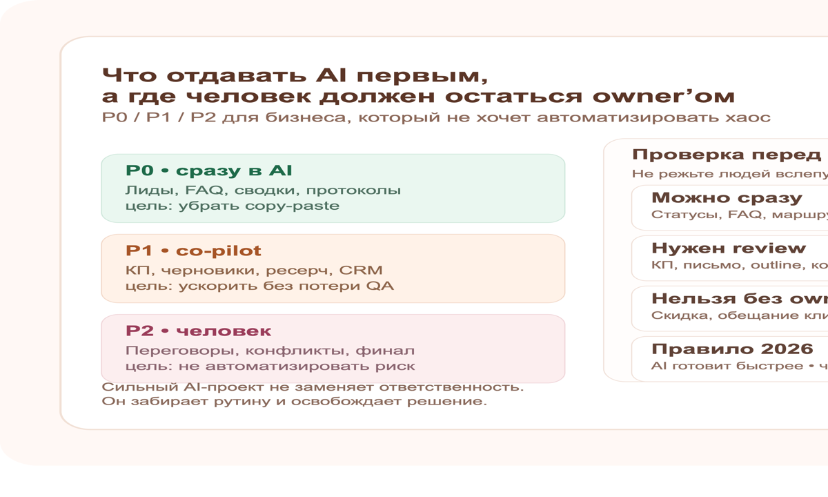 P0, P1 и P2 карта задач: что передавать AI сразу, что переводить в режим помощника и что оставлять человеку