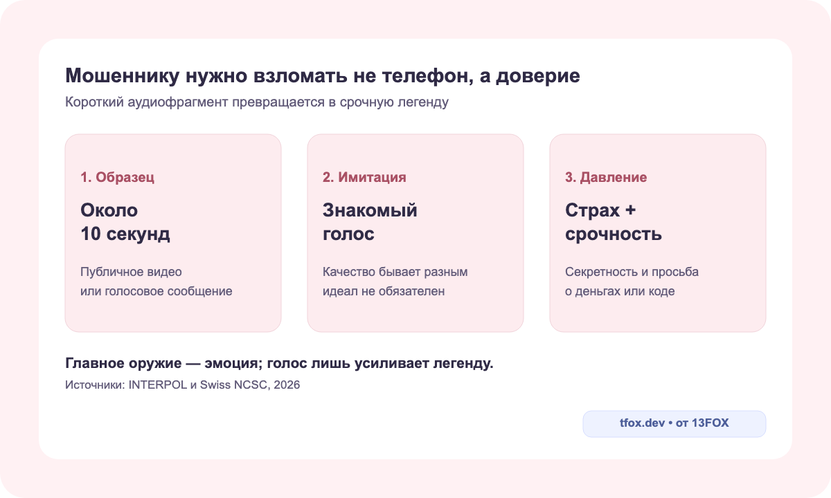 Цепочка мошенничества с клонированием голоса от аудиофрагмента до срочной просьбы о деньгах
