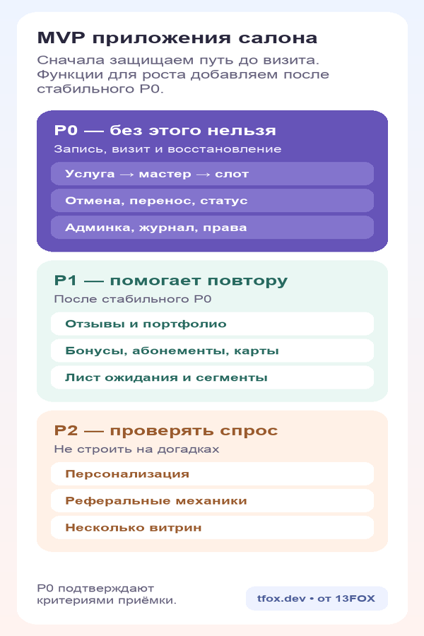 P0, P1 и P2 функций первой версии приложения салона красоты
