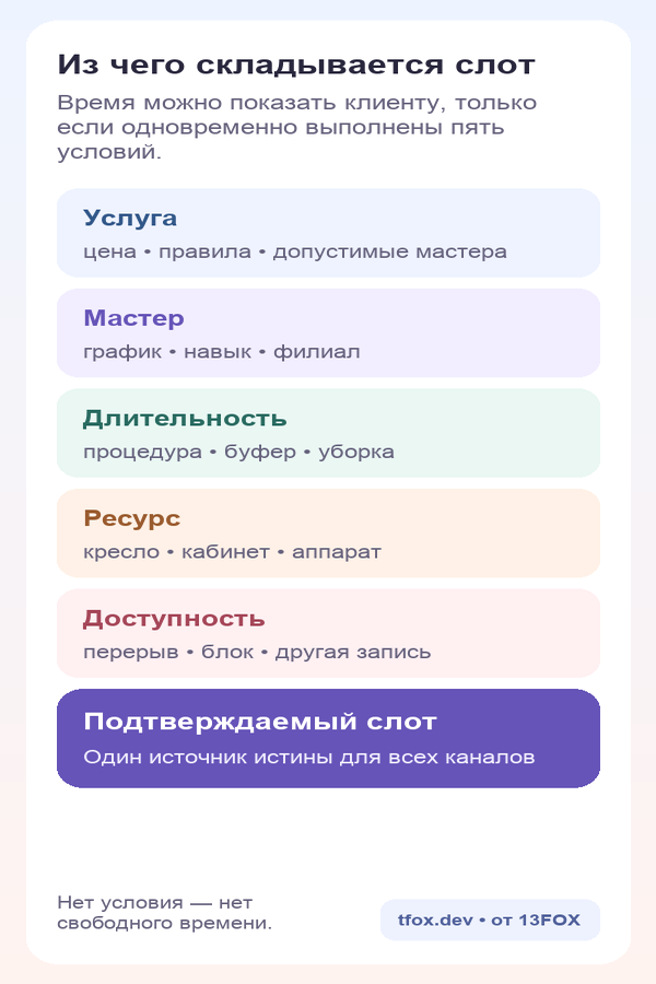 Пять условий свободного слота: услуга, мастер, длительность, ресурс и доступность