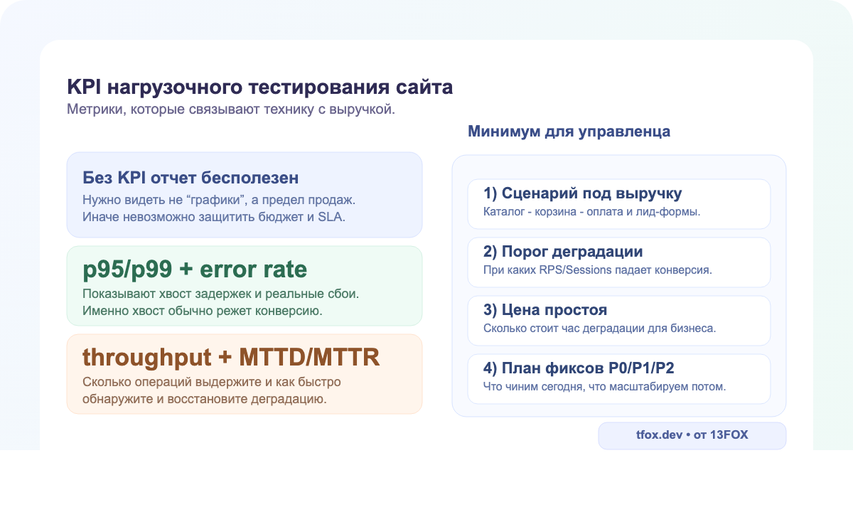 KPI нагрузочного тестирования сайта: p95 p99 error rate пропускная способность MTTD MTTR и конверсия под нагрузкой