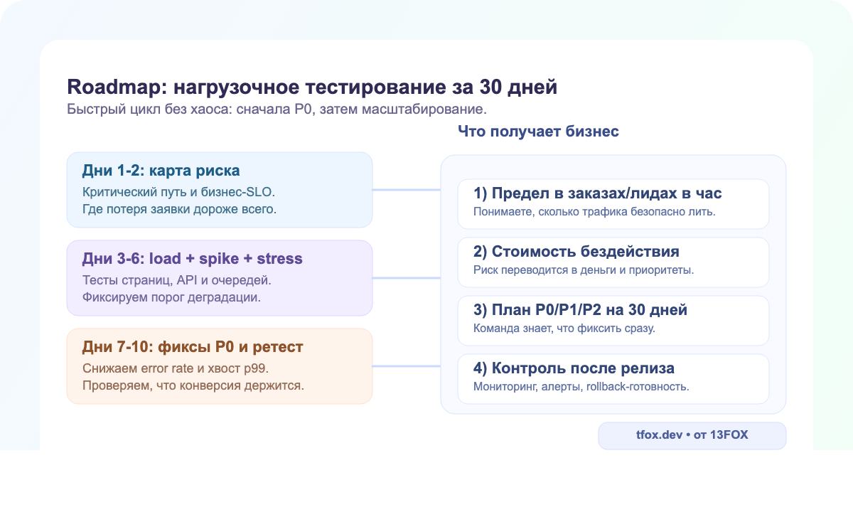 Дорожная карта нагрузочного тестирования сайта на 30 дней: аудит, пилот, фиксы и контроль