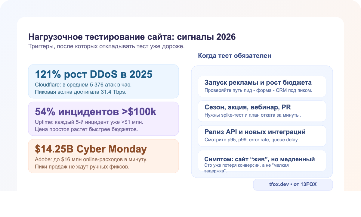 Нагрузочное тестирование сайта в 2026: рост DDoS, стоимость простоев и коммерческие пики спроса
