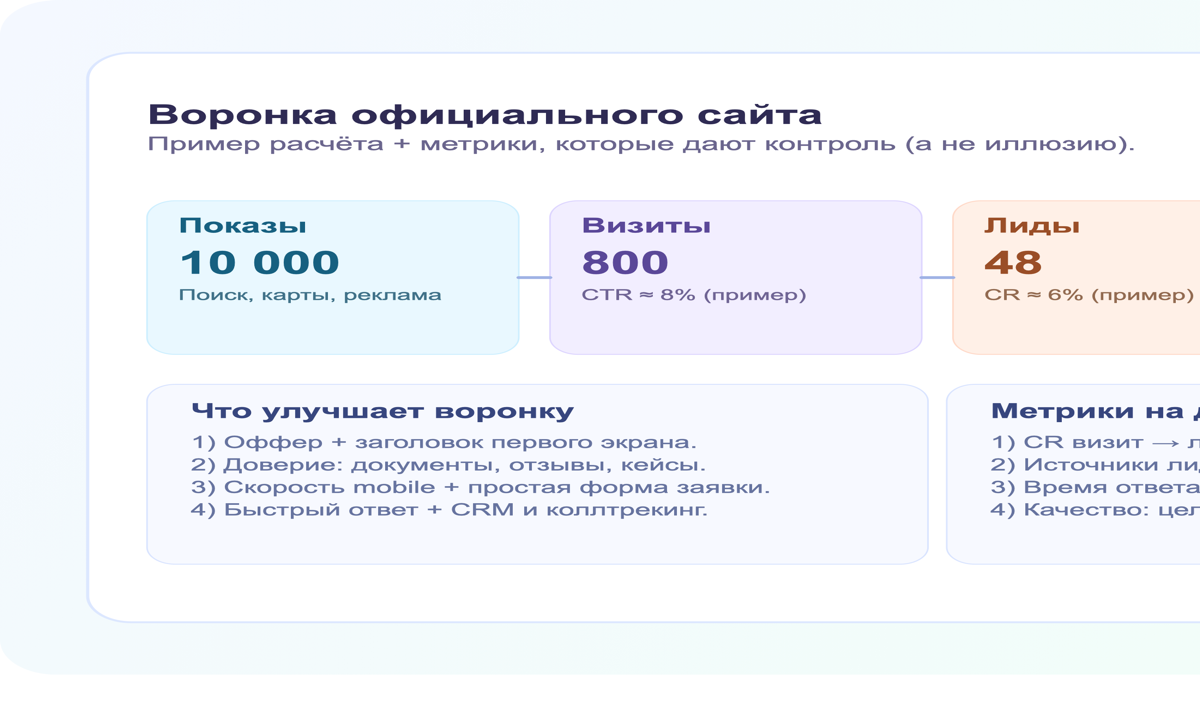 Воронка официального сайта: показы, визиты, лиды и продажи (пример)
