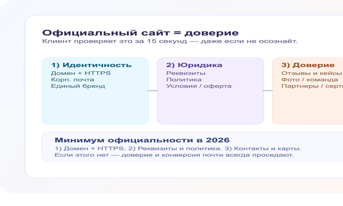 Официальный сайт для бизнеса: сигналы доверия в 2026 — домен, HTTPS, реквизиты, политика, отзывы и контакты