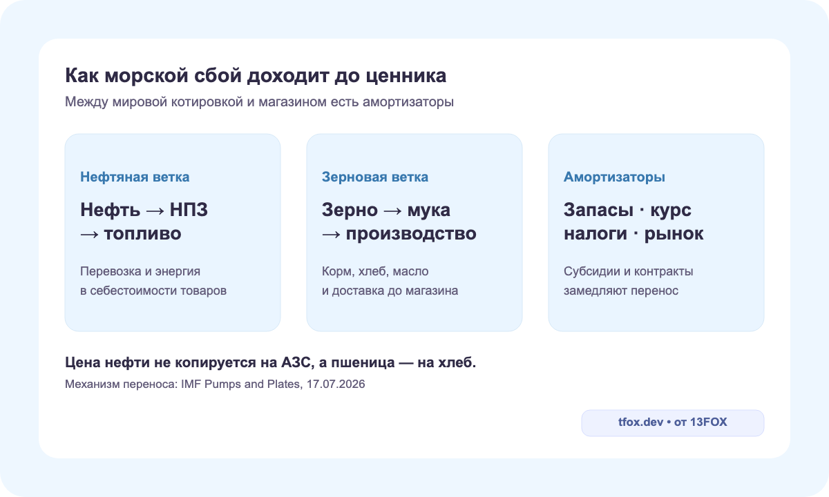 Путь международного ценового шока через фрахт, переработку, курс, налоги и запасы до розничного чека