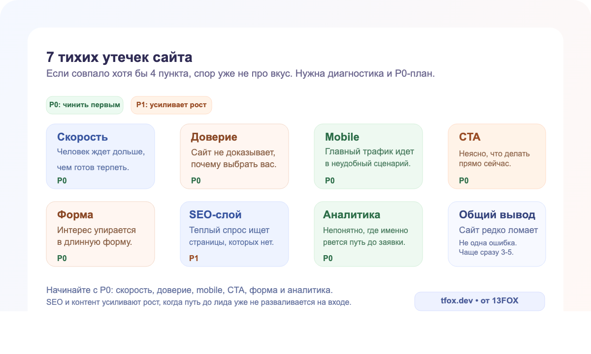 Карта семи тихих утечек сайта: скорость, доверие, mobile, CTA, форма, SEO и аналитика