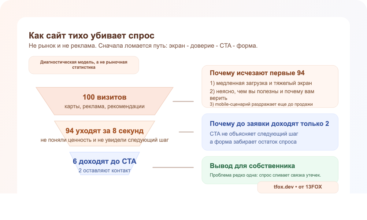 Модель сайта, который тихо сливает трафик: большая часть визитов уходит еще до доверия, CTA и заявки