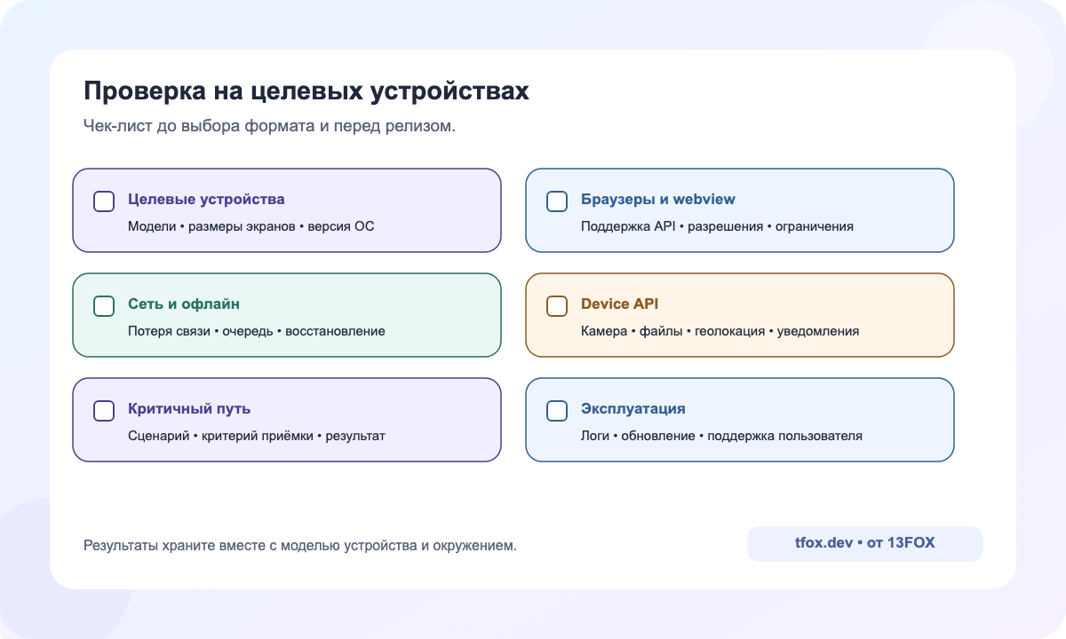 Чек-лист проверки PWA и приложения на целевых устройствах