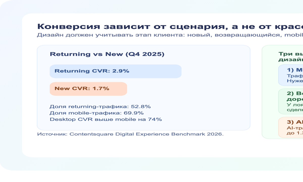 Разрыв конверсии между mobile и desktop и разница между новыми и возвращающимися пользователями
