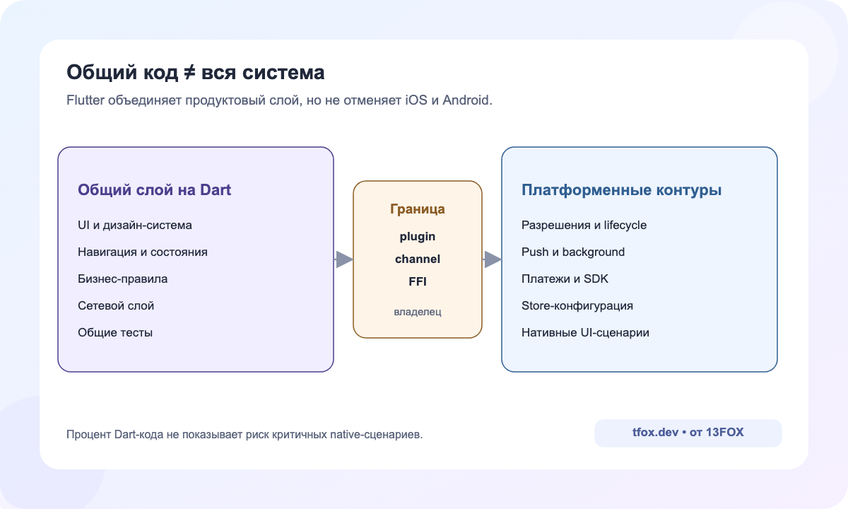 Слои Flutter-приложения: общее Dart-ядро, плагины и нативные края iOS и Android