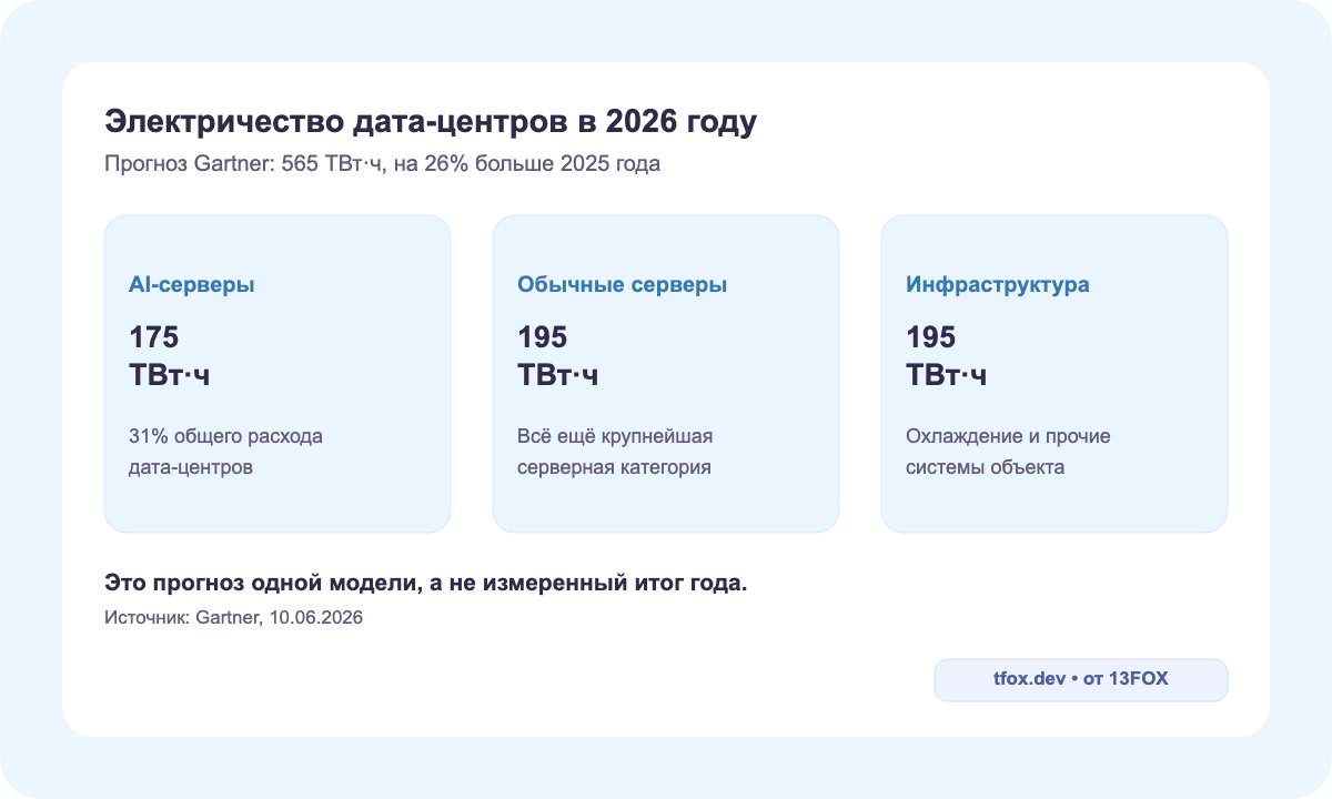 Прогноз Gartner по электричеству дата-центров в 2025 и 2026 годах с разделением на AI-серверы, обычные серверы и инфраструктуру