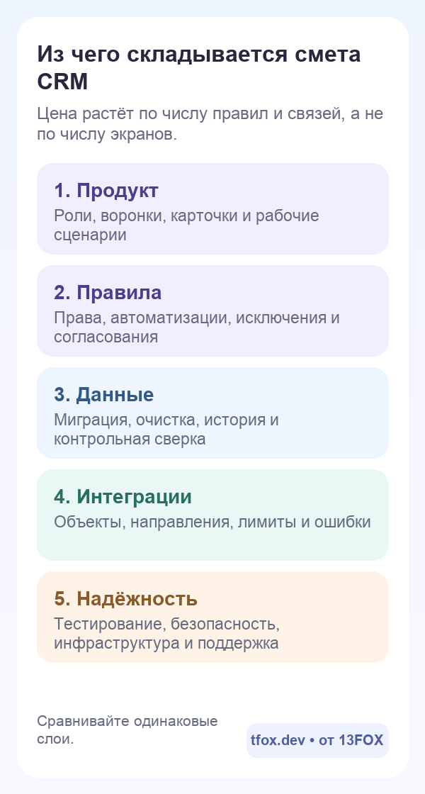 Пять слоёв сметы CRM: продукт, правила, данные, интеграции и надёжность