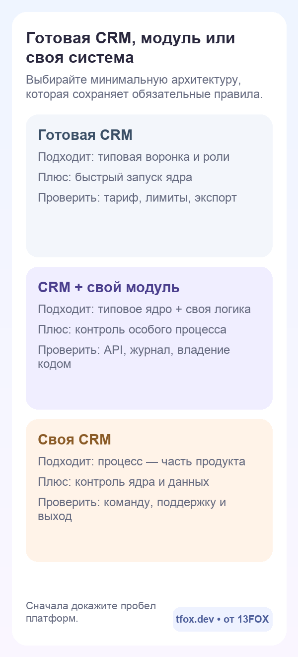 Три варианта: готовая CRM, CRM со своим модулем и собственная система