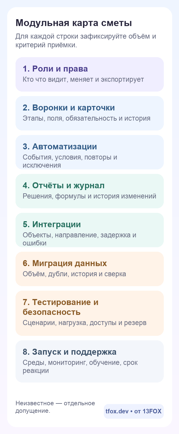 Восемь модулей сметы CRM с объёмом и критериями приёмки