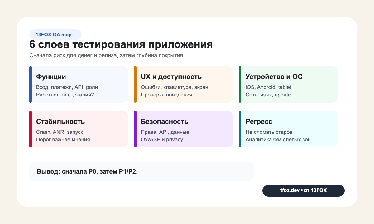 Карта шести слоев тестирования приложения: функции, UX, устройства, стабильность, безопасность и регресс