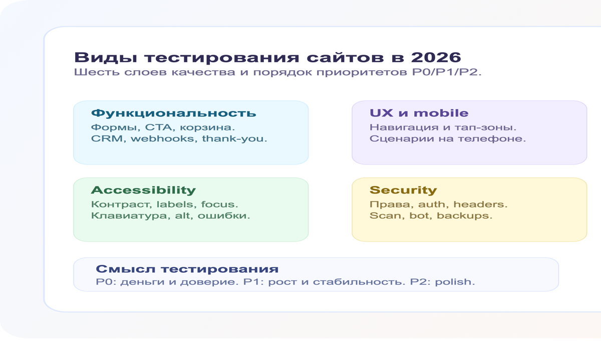 Шесть ключевых видов тестирования сайтов в 2026: функциональность, UX, скорость, accessibility, security и SEO-tech