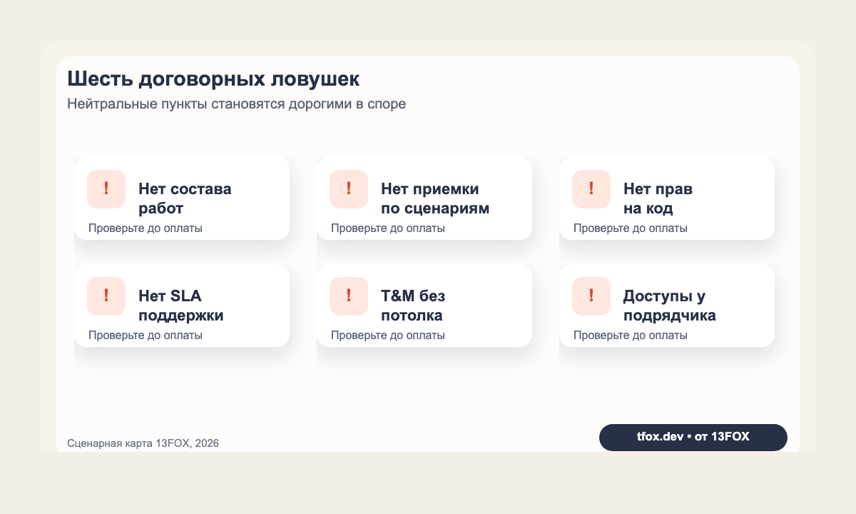 Шесть договорных ловушек разработки: состав работ, критерии приемки, права на код, SLA, почасовка и скрытый контроль