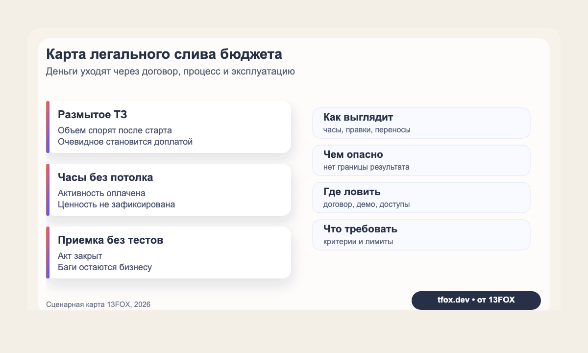 Карта легального слива бюджета разработки: размытое ТЗ, оценка без границ, платные правки, затянутая приемка и поддержка без SLA