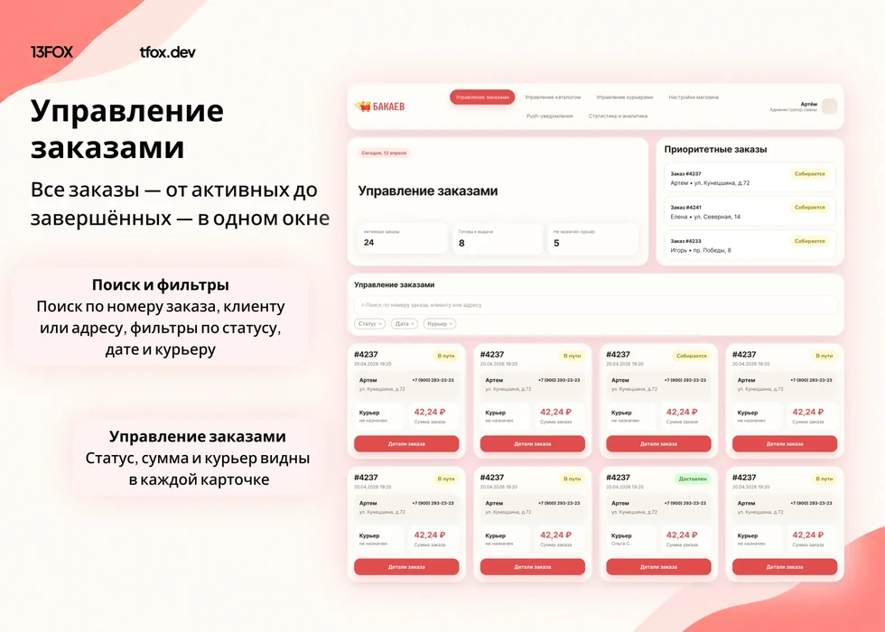 Реальный экран Бакаева: список заказов, статусы и назначенные курьеры