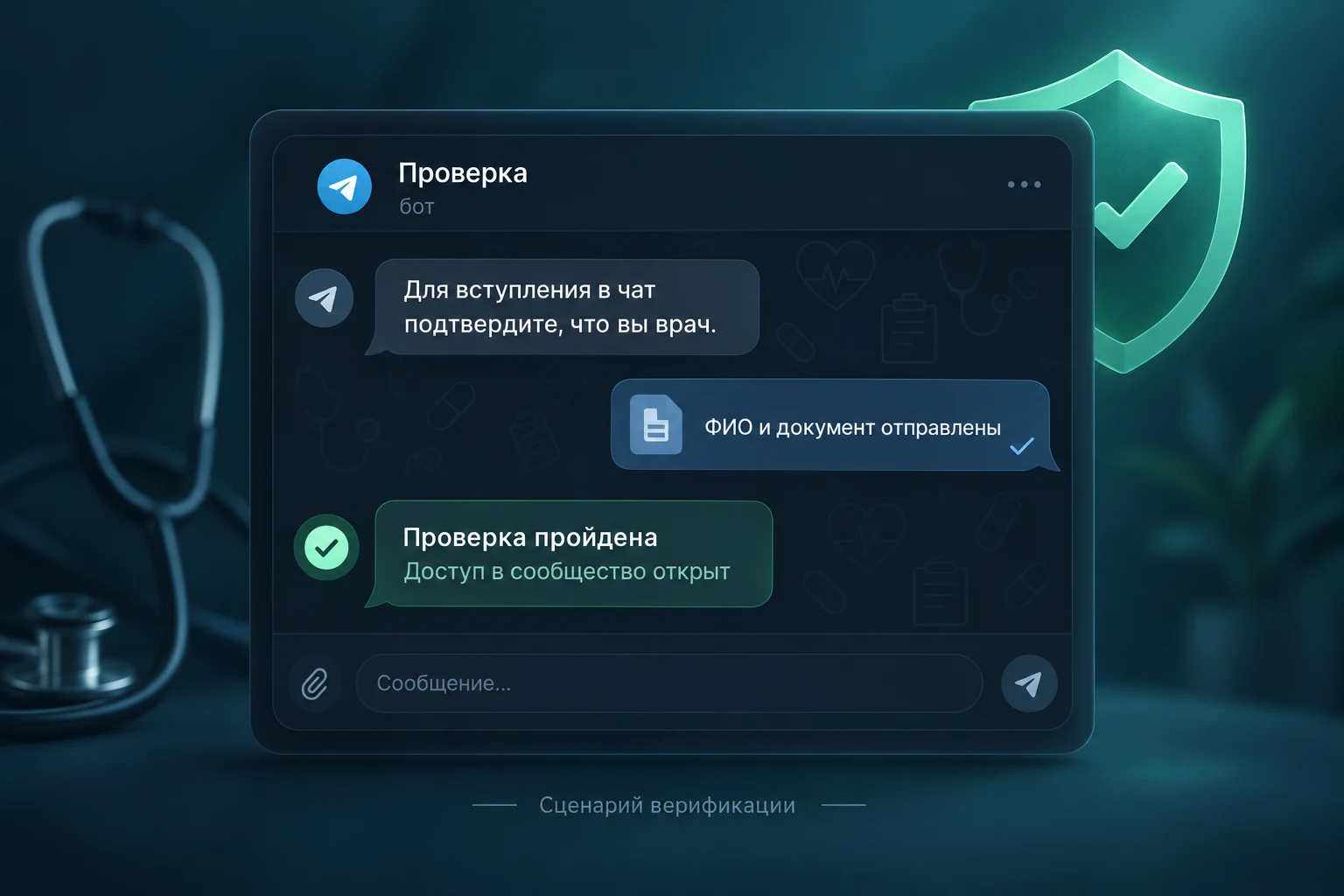 Иллюстрация сценария: бот запрашивает подтверждение, получает документы и открывает доступ после проверки