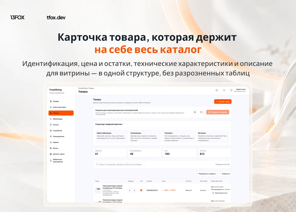 Frost Mining: структура карточки и список товаров в админ-панели