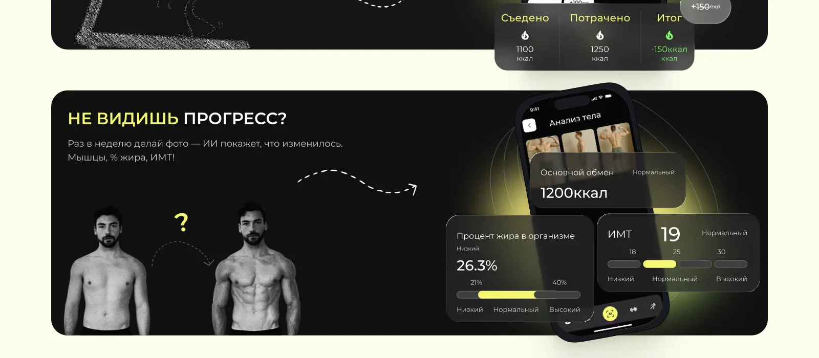 Секции про прогресс, здоровье и AI-анализ в desktop-версии