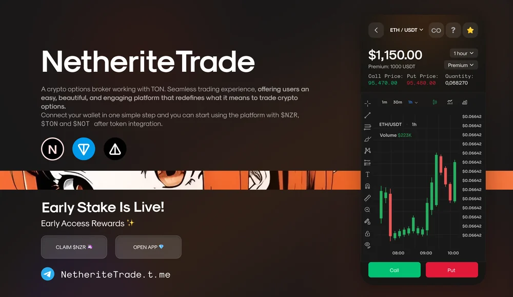 Лендинг NetheriteTrade: презентация криптоопционов TON и вход в приложение