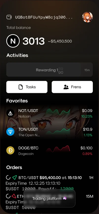Личный кабинет NetheriteTrade в Telegram: баланс, избранные криптоактивы, ордера, задания и приглашение друзей